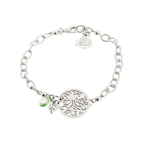 Round Filigree Tree of Life with Swarovski® Crystal and Leaf Drop Chain Bracelet