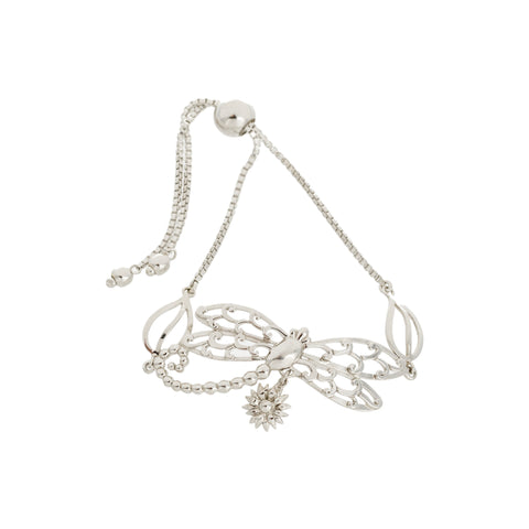 Filigree Dragonfly and Leaf with Flower Drop Adjustable Box Chain Bracelet
