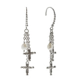 Oxidized Textured Multi Cross and Pearl Chain Drop Earring
