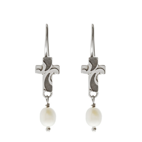 Oxidized Textured Cross and Pearl Drop Earring