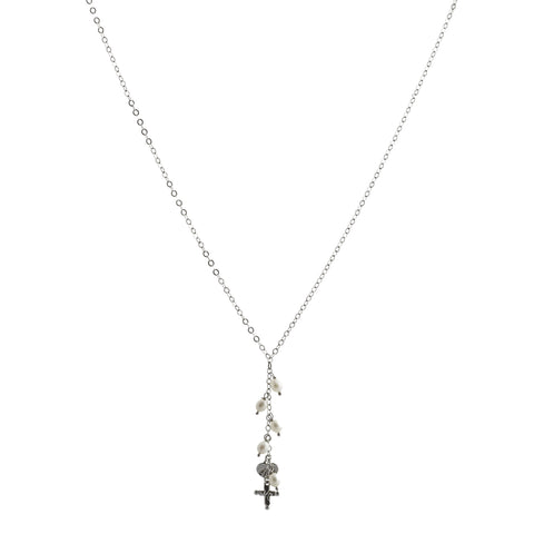 Oxidized Textured Cross, Heart and Pearl Drops Y-Necklace