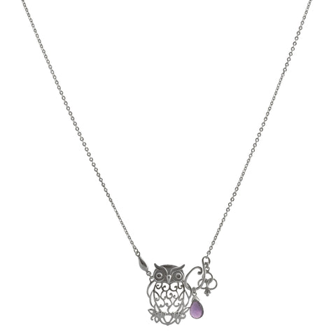 Filigree Owl with Amethyst and Flower Drop Necklace