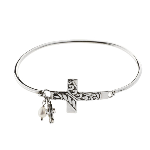 Oxidized Sideways Textured Cross with Cross and Pearl Drop Bracelet