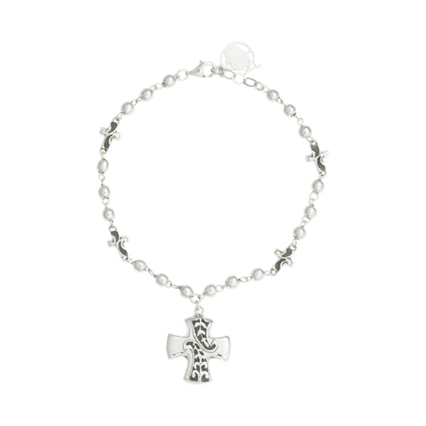 Oxidized Textured Cross Drop Silver Bead Bracelet