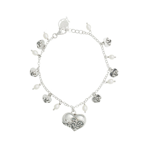 Oxidized Textured Puffed  Heart with Heart and Pearl Drops Chain Bracelet