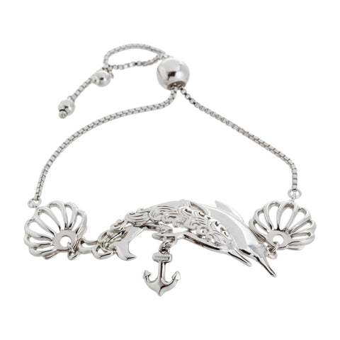 Filigree Dolphin and Sea Shell with Anchor Drop Adjustable Box Chain Bracelet