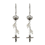 Oxidized Textured Multi Pearl, Cross and Heart Chain Drop Earring