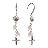 Oxidized Textured Multi Pearl, Cross and Heart Chain Drop Earring