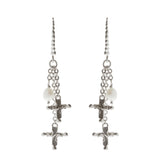 Oxidized Textured Multi Cross and Pearl Chain Drop Earring