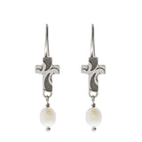 Oxidized Textured Cross and Pearl Drop Earring