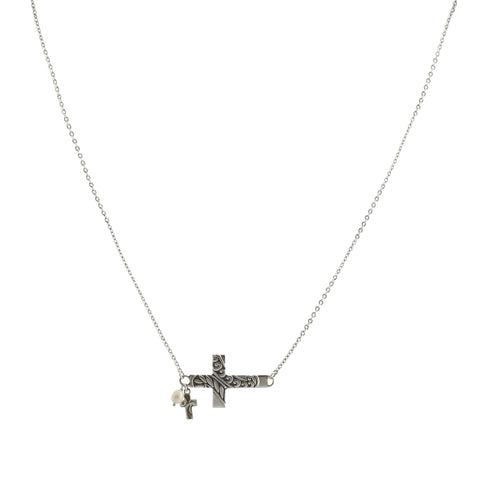Oxidized Textured Sideways Cross with Cross and Pearl Drop Necklace