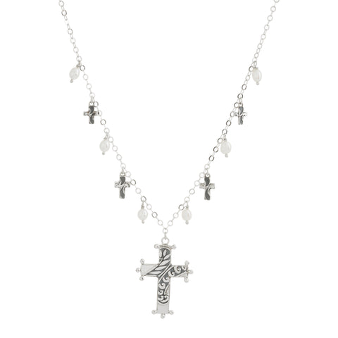 Oxidized Textured Beaded Multi Cross and Pearl Drop Necklace