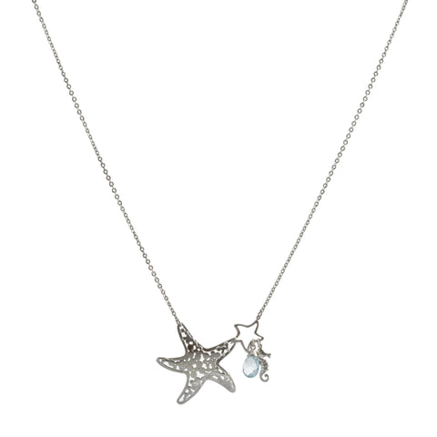 Filigree Starfish with Aquamarine Swarovski® Crystal and Seahorse Drop Necklace