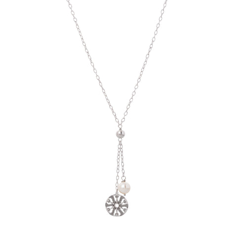 Oxidized Swarovski® Pearl / Filigree Disc Drop Necklace
